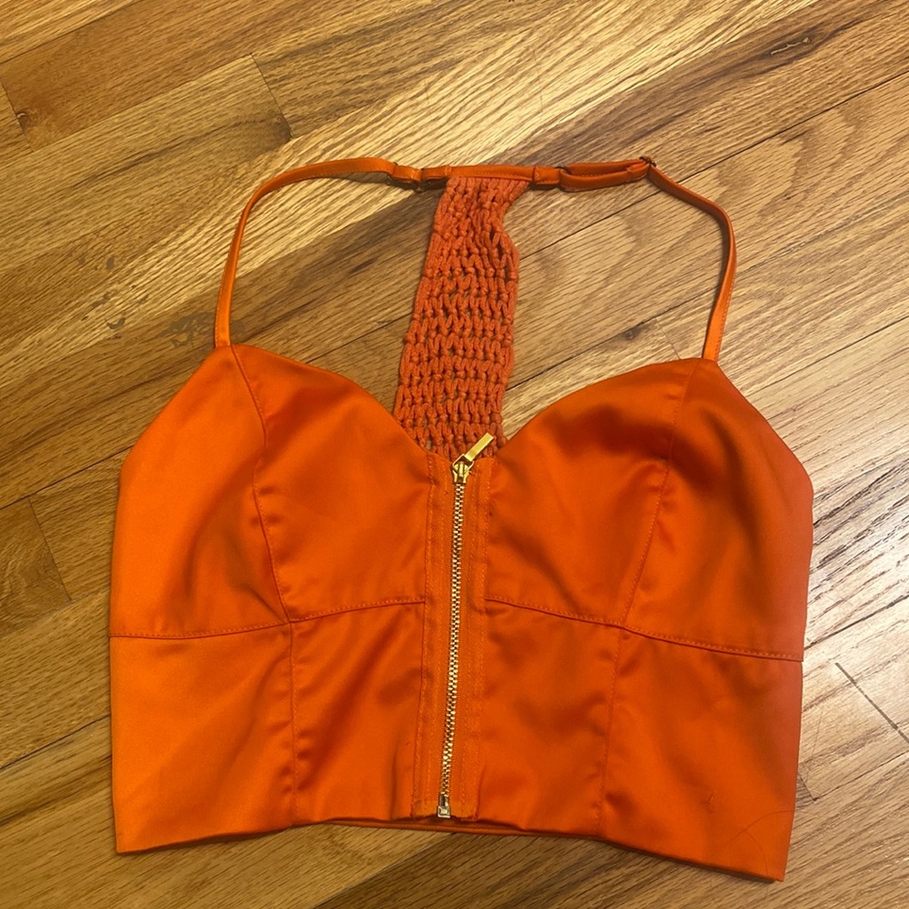 Bebe orange halter crop top crochet detail gold hardware XS